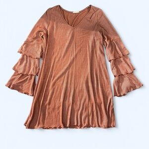 Altar’d State Women Tiered Ruffled Sleeve Burnt Orange Striped MIDI Dress Sz Sm